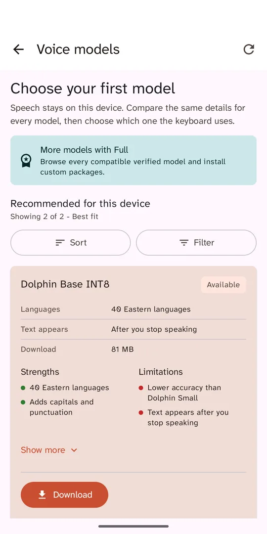 Loquela voice model screen. Its intro reads: Speech stays on this device.